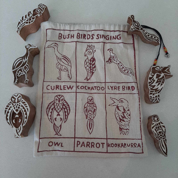 Stamps Traditional Block Print-Indigenous Design Bush Birds Singing Set of 6